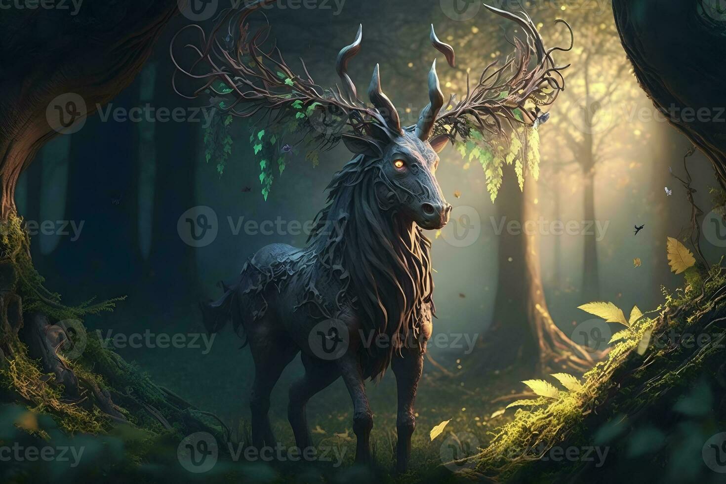 Fairytale fantasy deer in a magical forest. Neural network AI generated photo