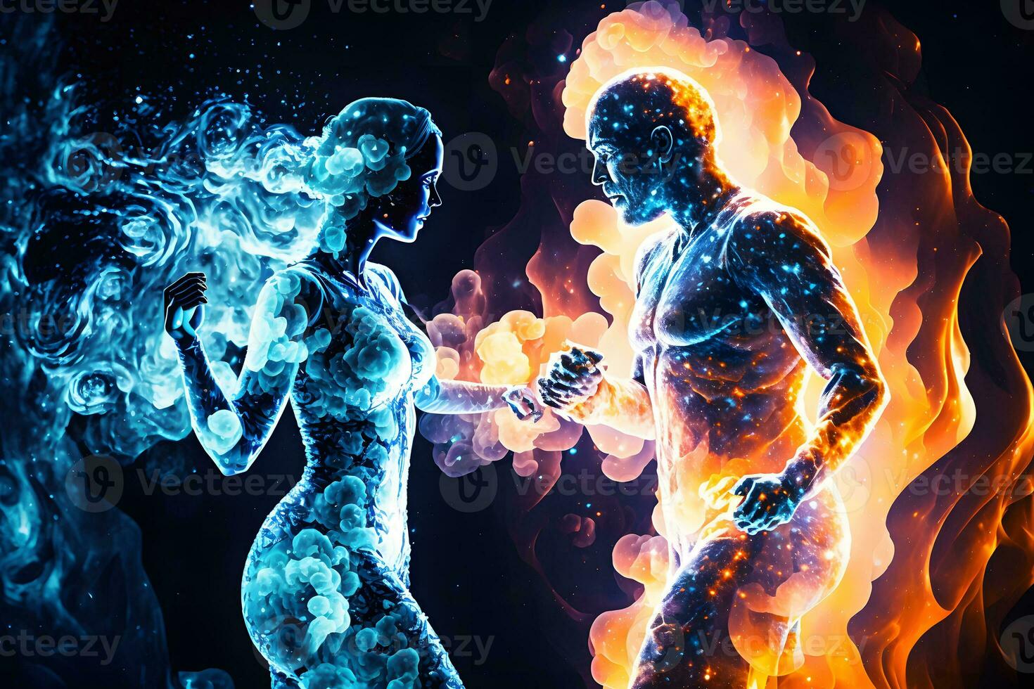 Fire and water in the form of fighting people. Yin Yang symbol. Neural network AI generated photo