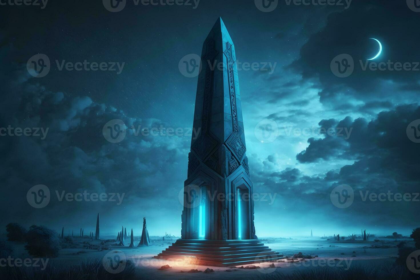 Futuristic fantasy ancient obelisk of fairytale civilization. Neural network AI generated photo