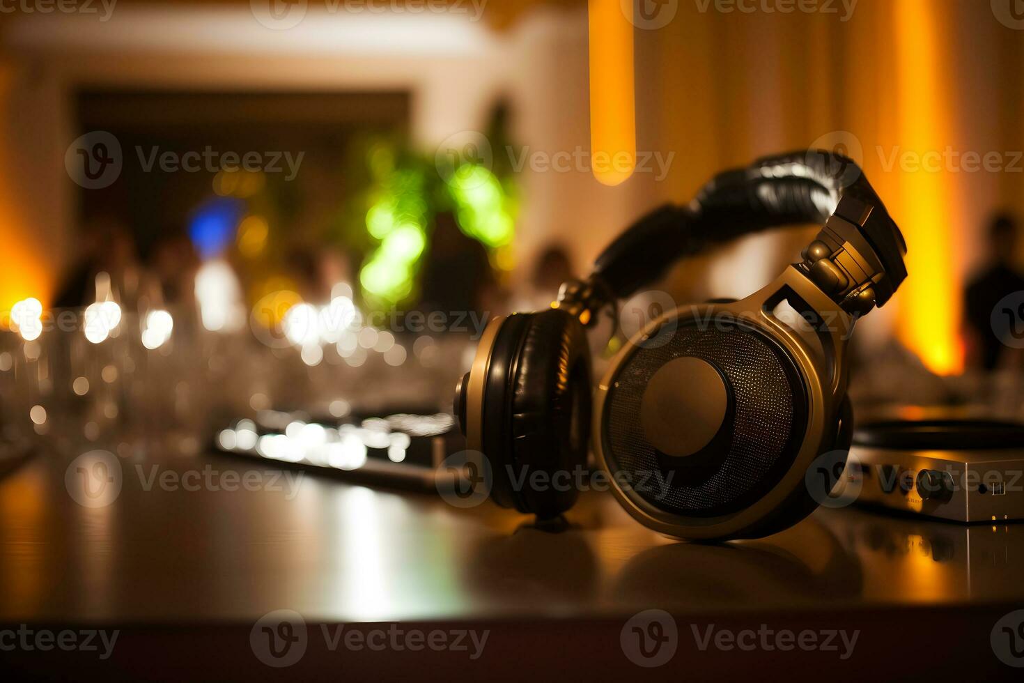 Modern big professional headphones on DJs table at night party. Neural network AI generated photo