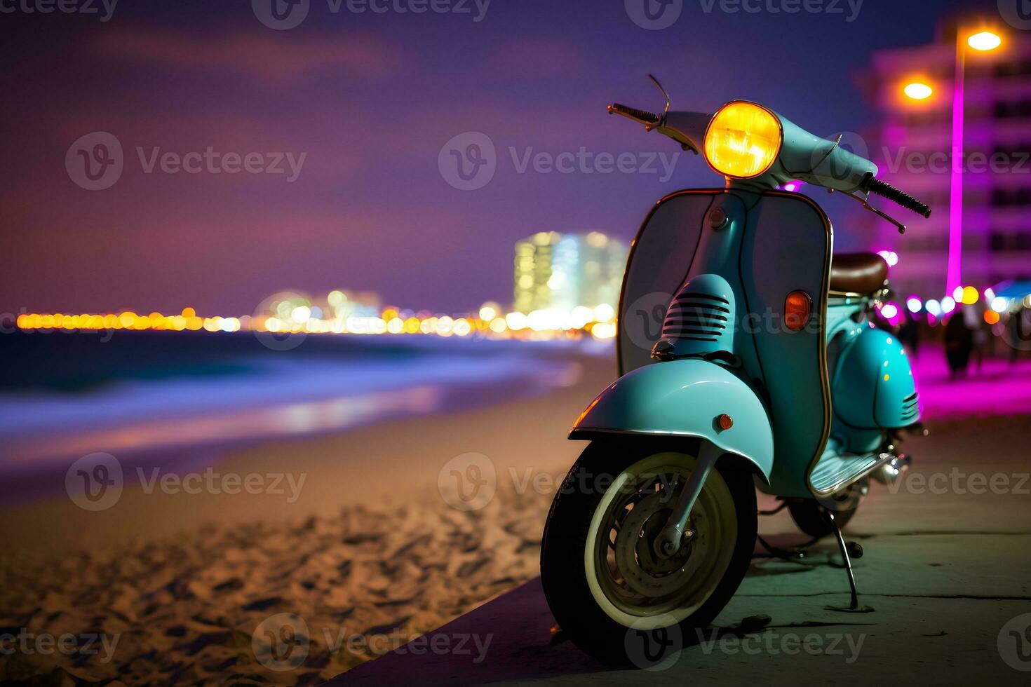 Scooter moped at ocean drive miami beach at night with neon lights from hotels. Neural network AI generated photo