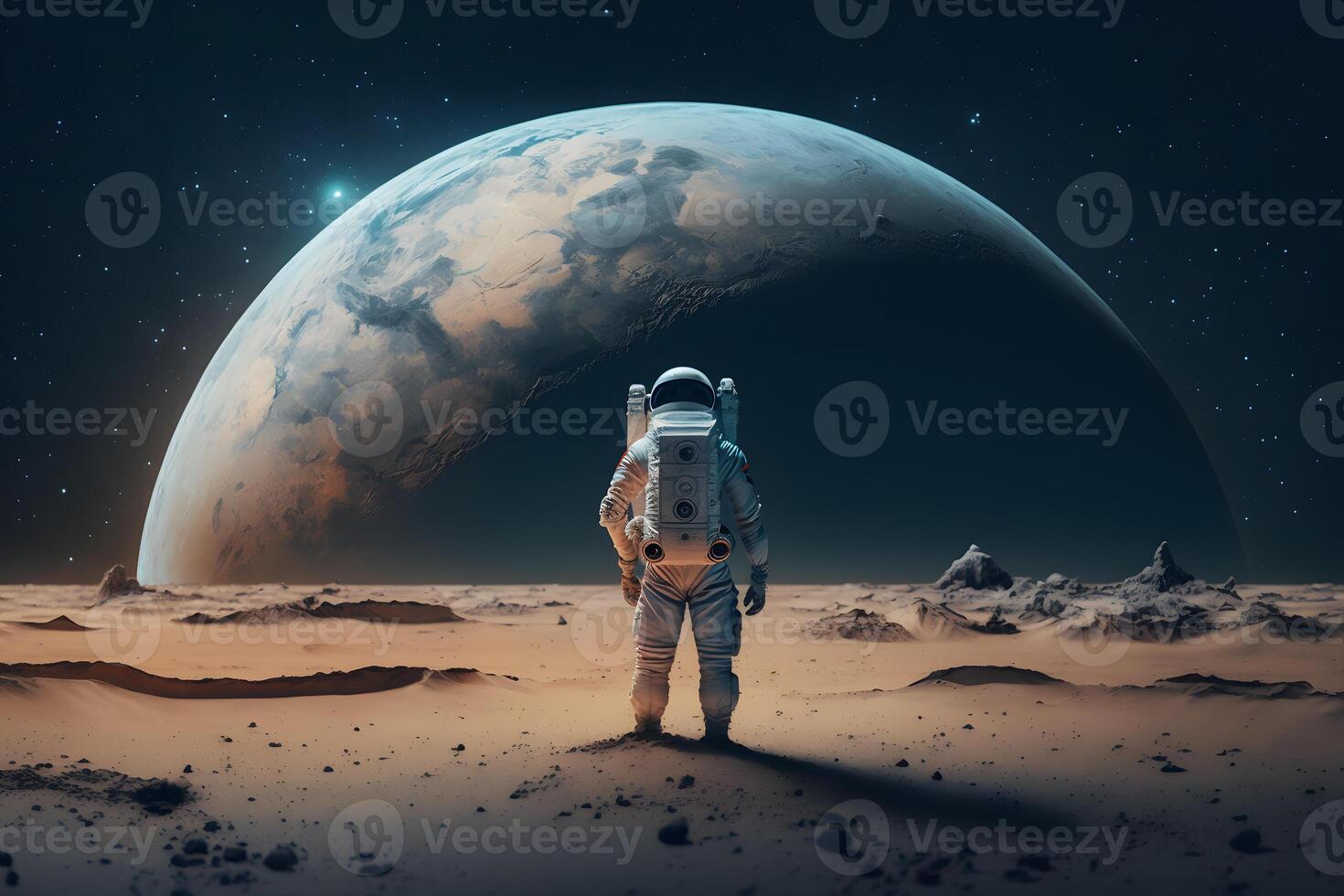 Brave astronaut at the spacewalk on the moon. Neural network AI generated photo