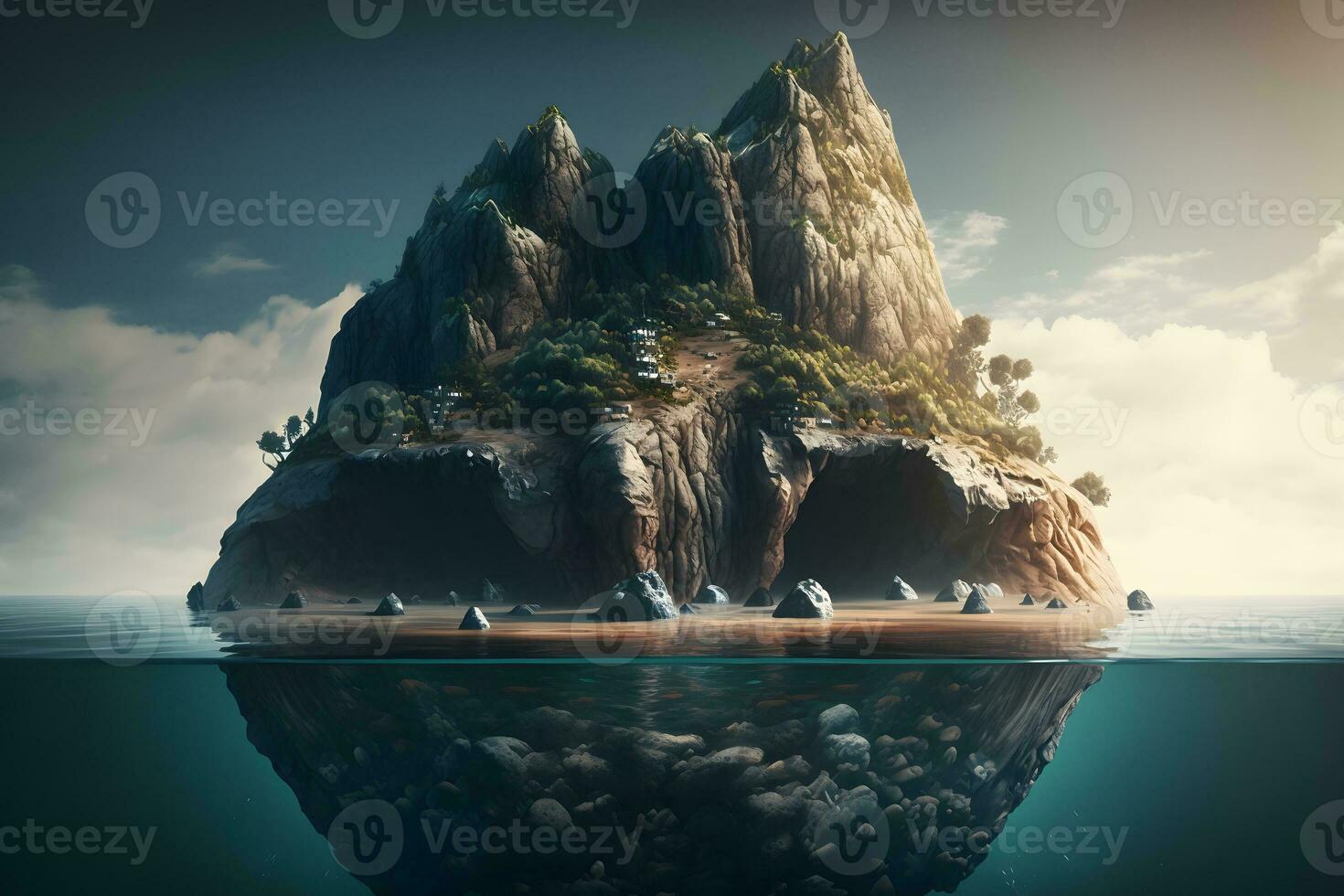 Idyllic underwater view of lone small island above and below the water surface. Neural network AI generated photo