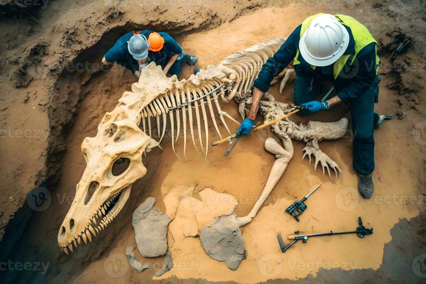 arqueólogo trabajos en un arqueológico sitio con dinosaurio esqueleto en pared Roca fósil tiranosaurio excavaciones neural red ai generado foto