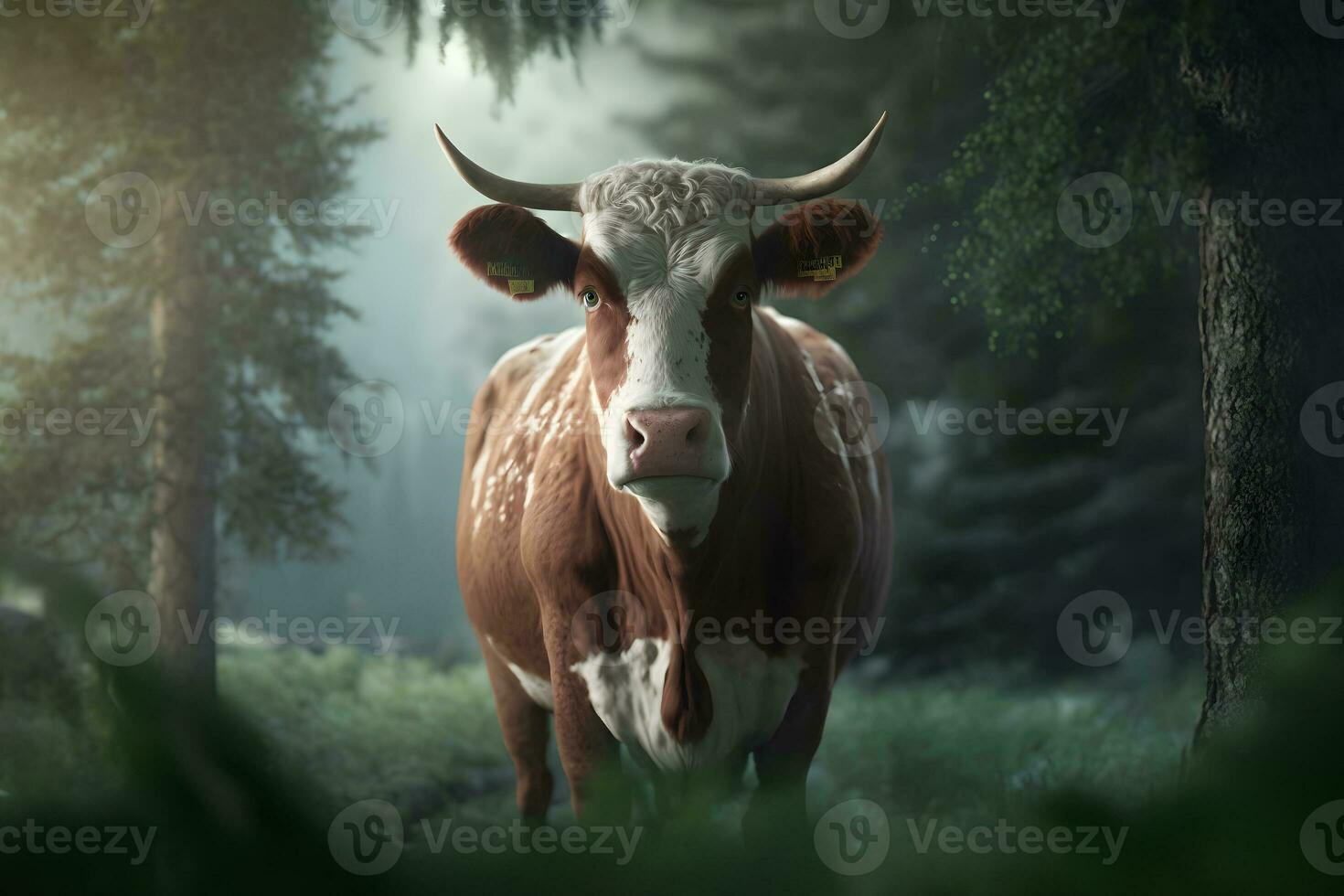 Green meadow in mountains and cow, summer landscape. Neural network AI generated photo