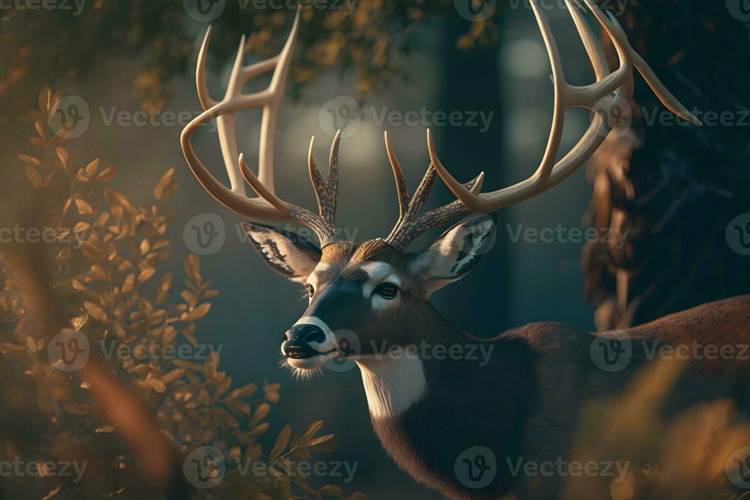 Red deer stag between ferns in autumn forest. Neural network AI generated photo