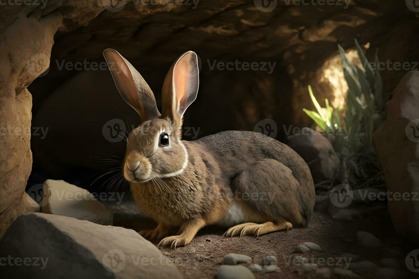 Cute brown hare, lepus europaeus, jumping closer on grass in spring nature. Young brown rabbit coming forward in green wilderness. Neural network AI generated photo