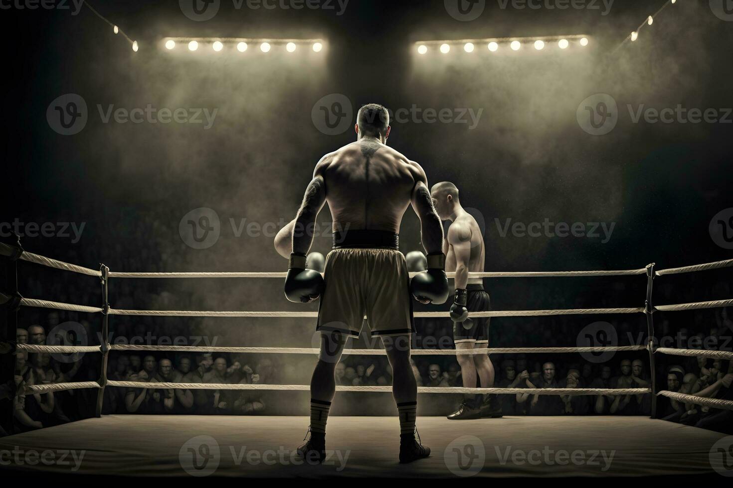 Professional boxer fighting on the grand arena panorama view. Neural network AI generated photo