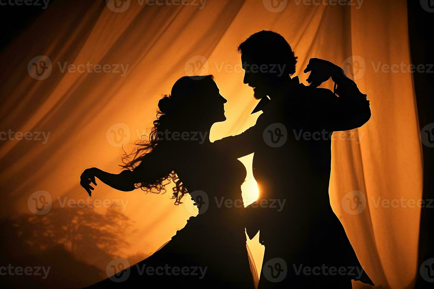Silhouette of dancing couple in halloween style. Neural network AI generated photo