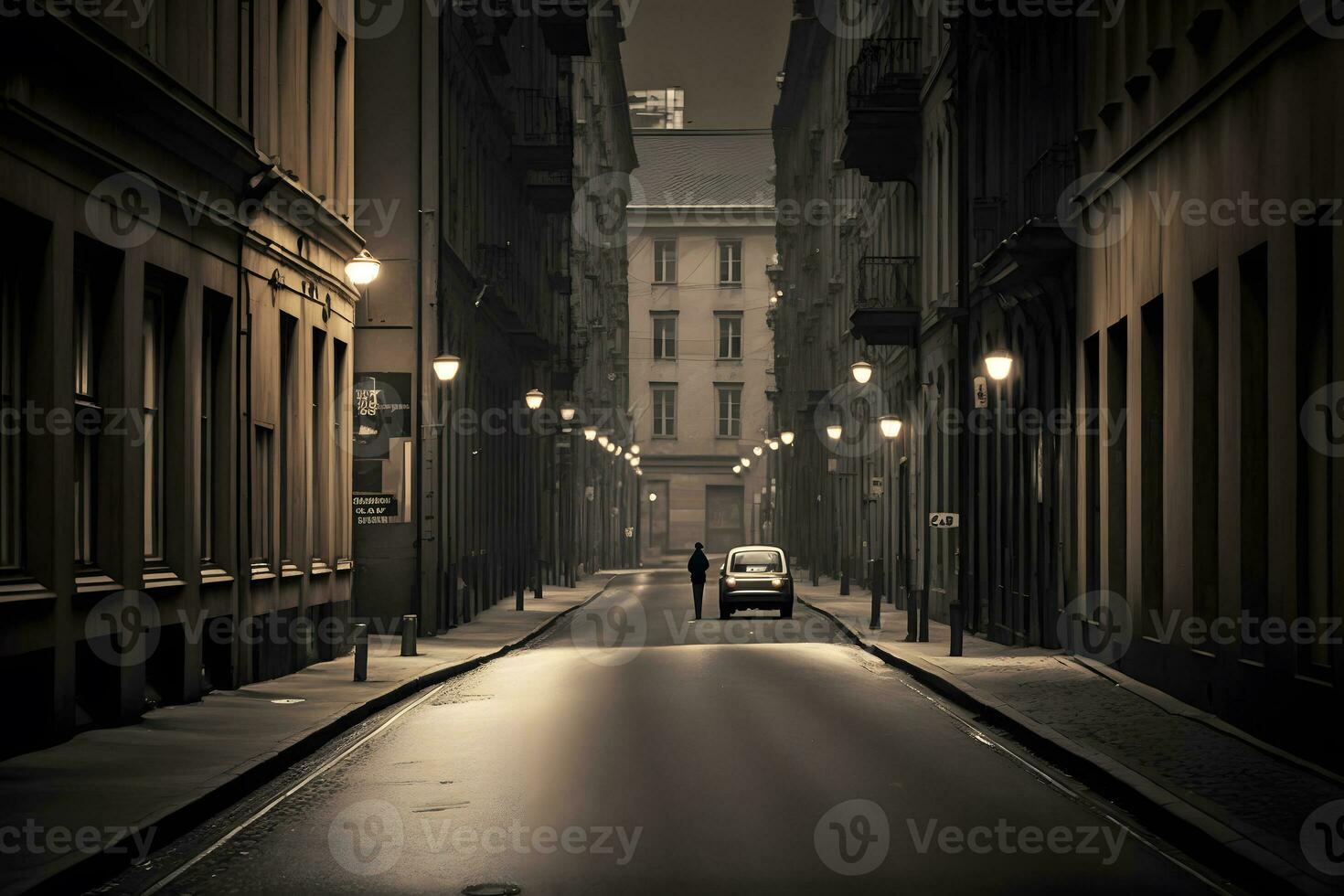 Landscape view of an empty street of a black and white city. Neural network AI generated photo