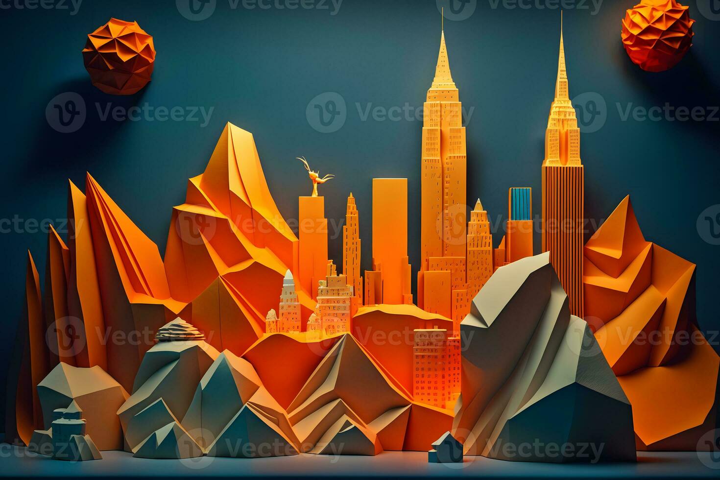 View of the city of New York from paper in the style of origami. Neural network AI generated photo