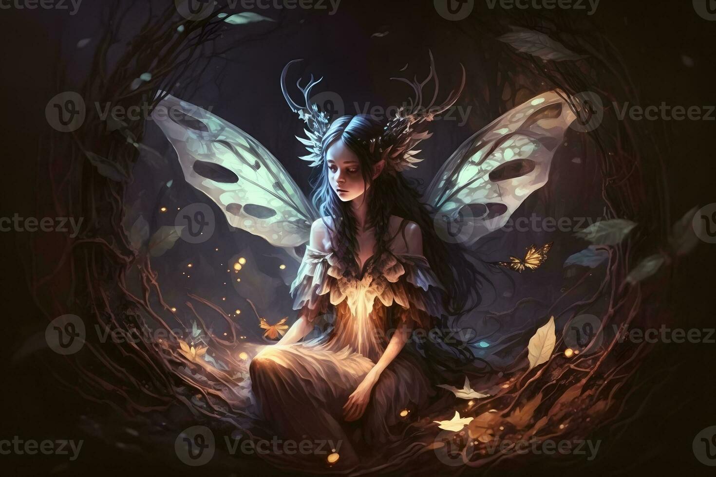 Beautiful fantasy elf woman butterfly queen. Neural network AI generated photo