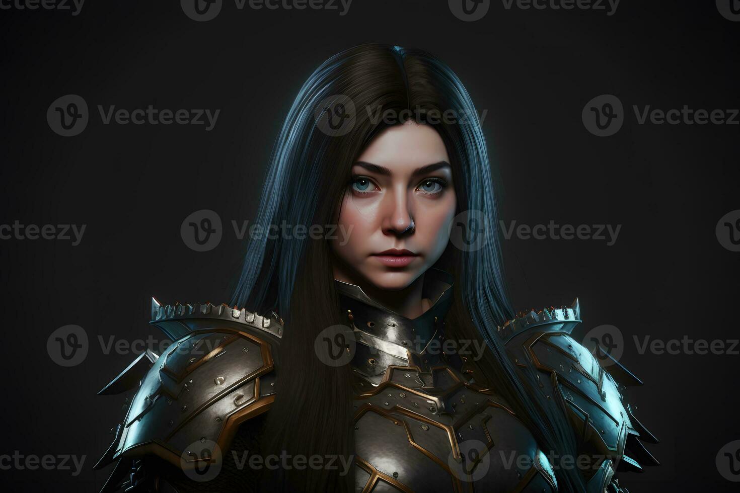 Portrait of a warrior girl in armor. Woman knight. Neural network AI generated photo