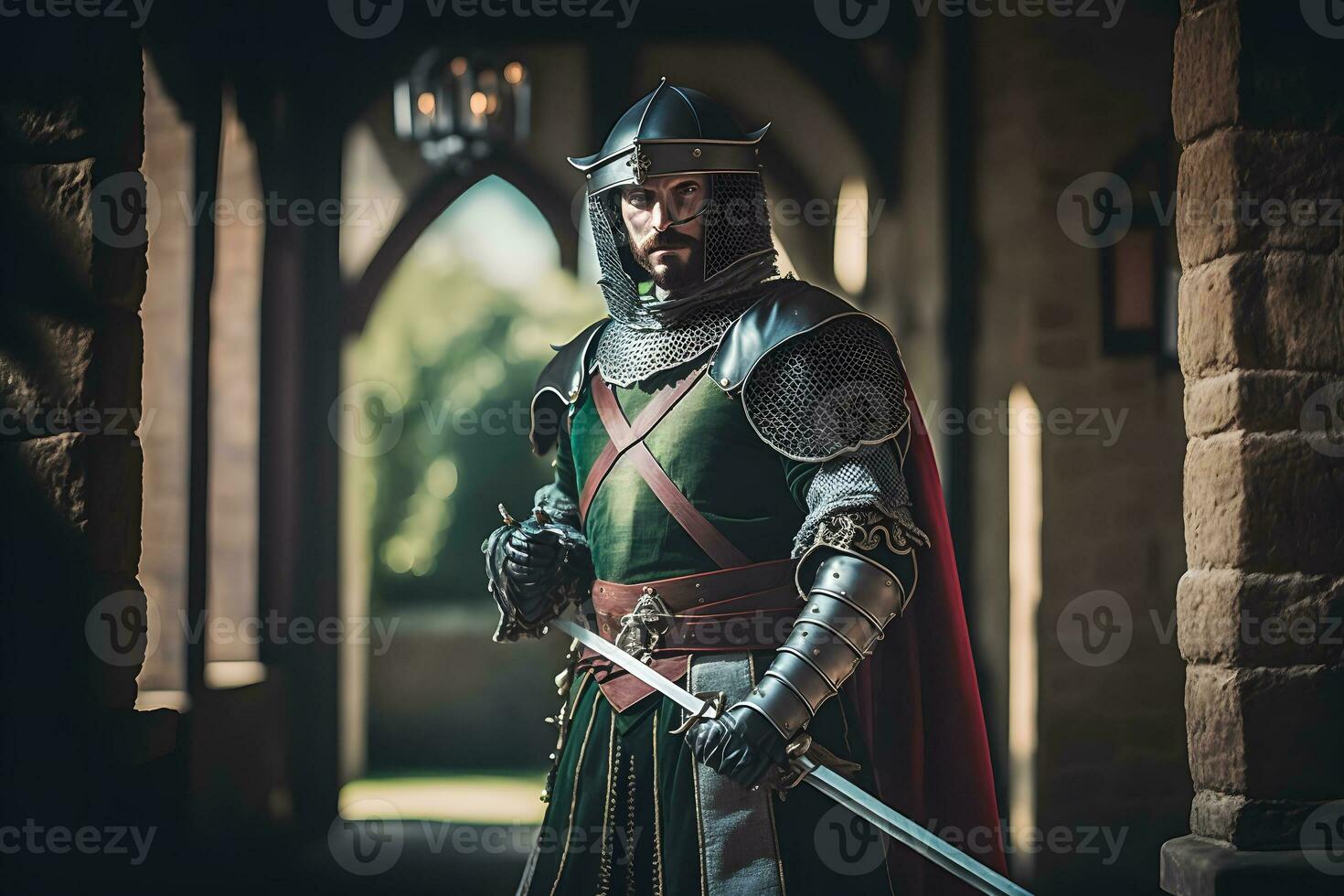 Medieval knight in castle portrait. Neural network AI generated photo