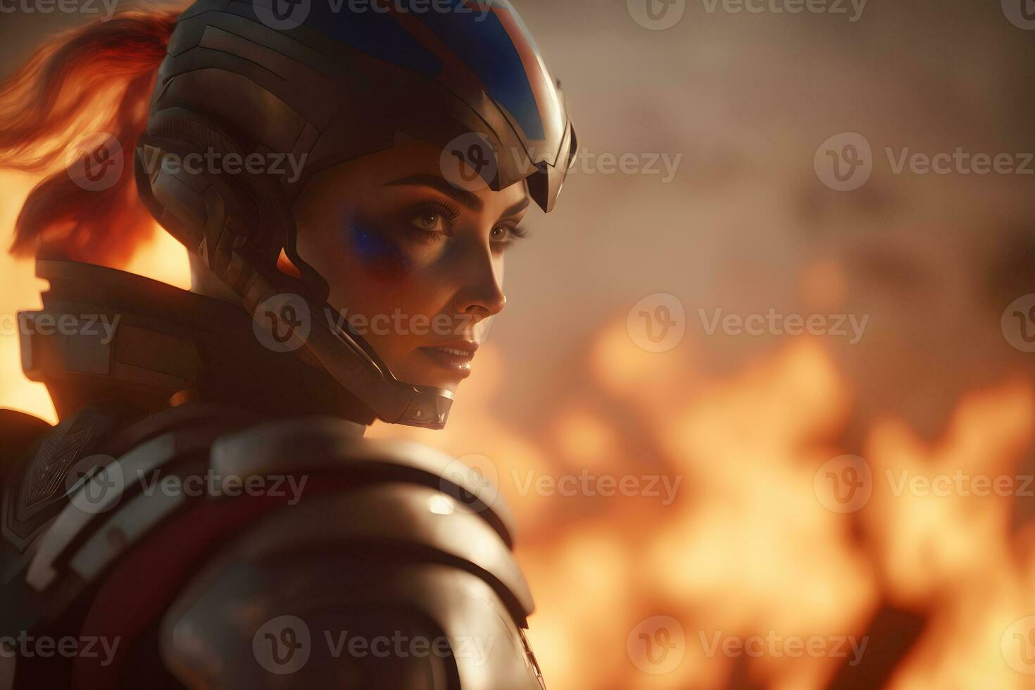 Cyberpunk concept. Brave cyberpunk warrior girl stands against the background of fire. Neural network AI generated photo