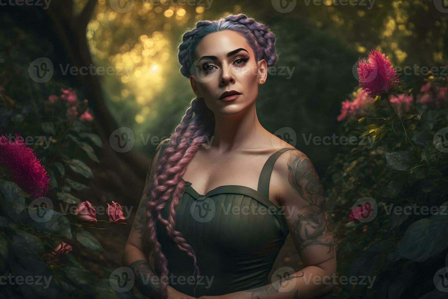 hermosa mujer con largo trenzas en el bosque. neural red ai generado foto