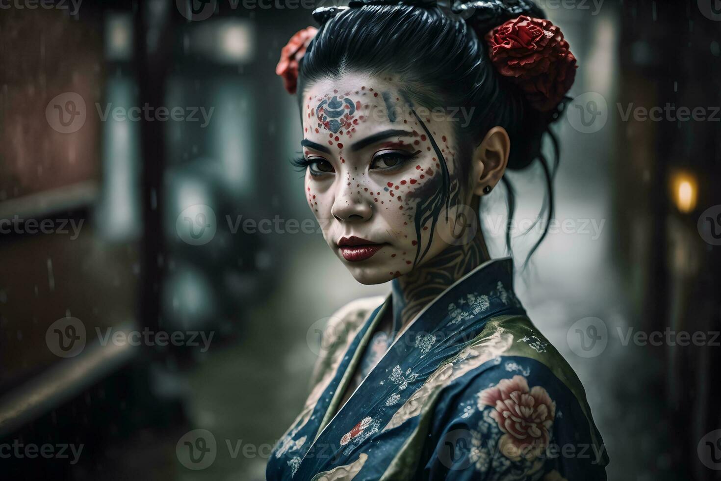 Japanese geisha with tattoo. Neural network AI generated photo