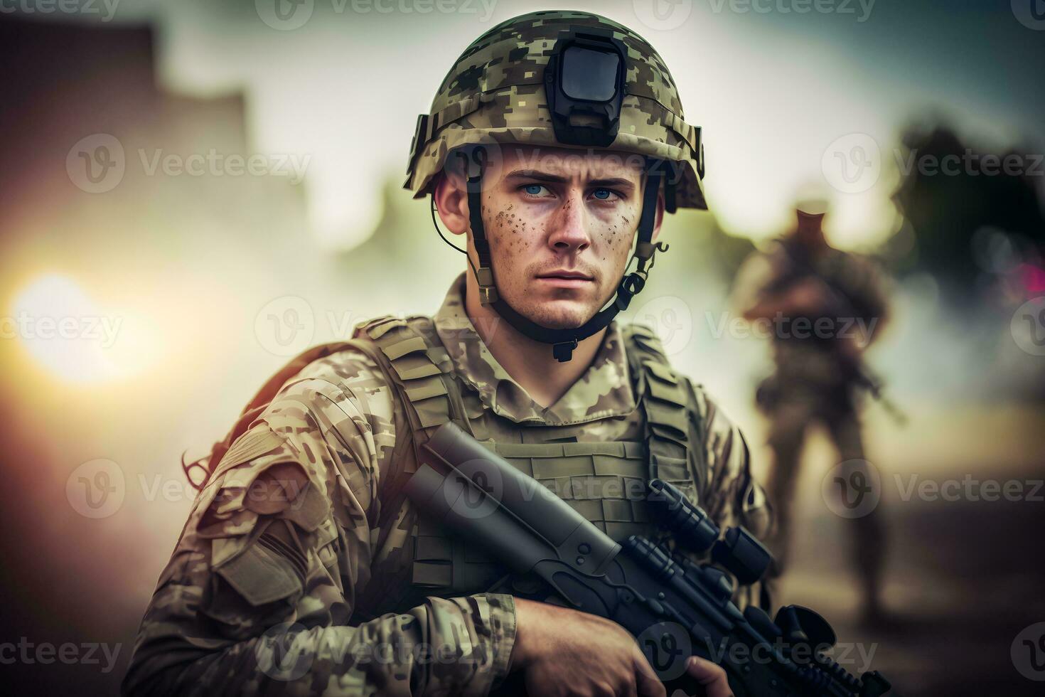 orgulloso Ejército soldado retrato. neural red ai generado foto