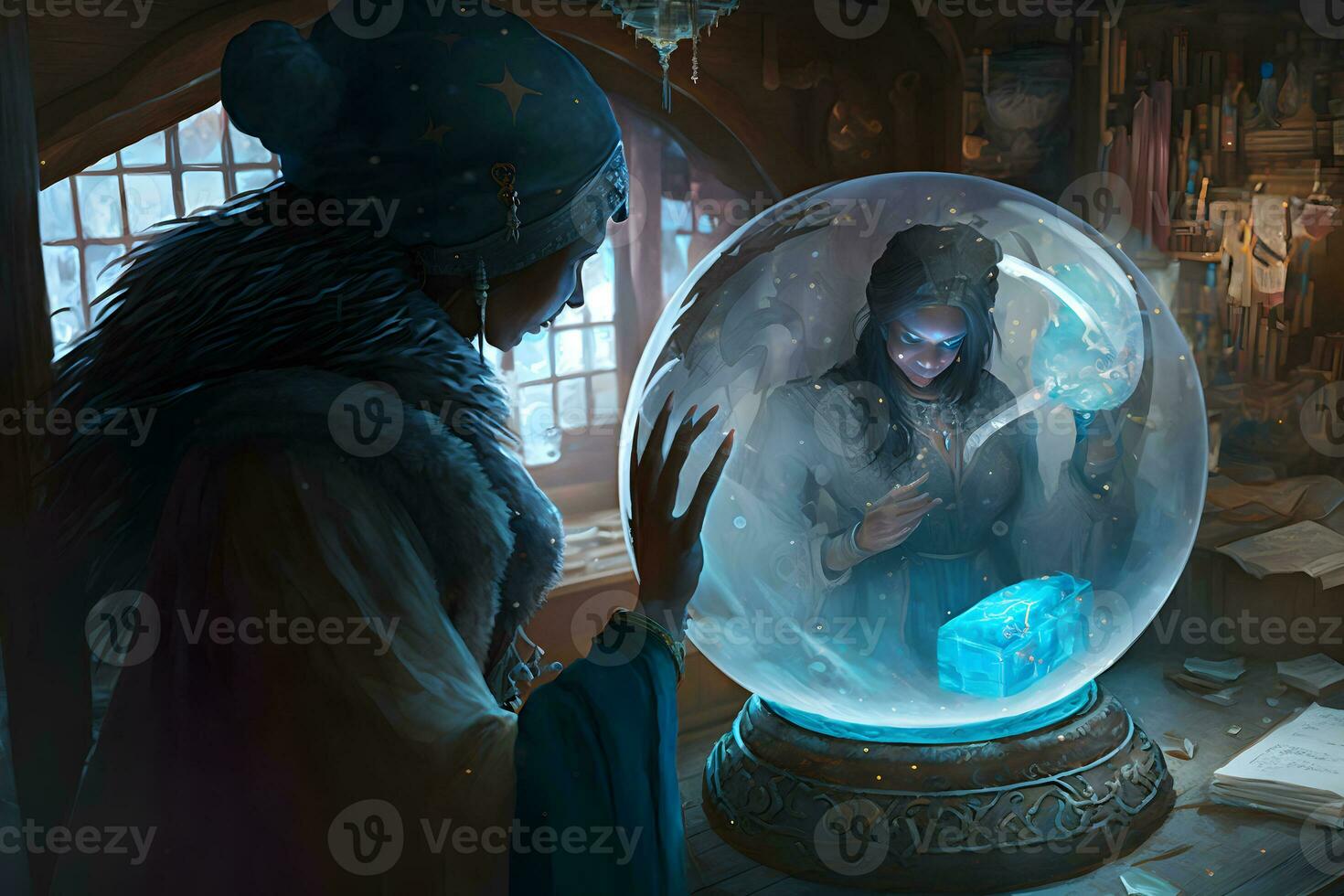 The witch with magic ball in her hands causes a spirits in cave. Neural network AI generated photo