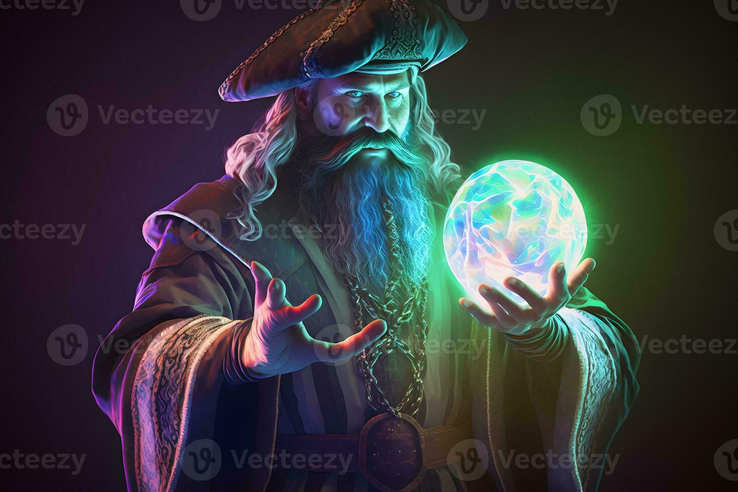 Man with a mystical glowing orb to signify power, magic, spirituality and so forth. Neural network AI generated photo