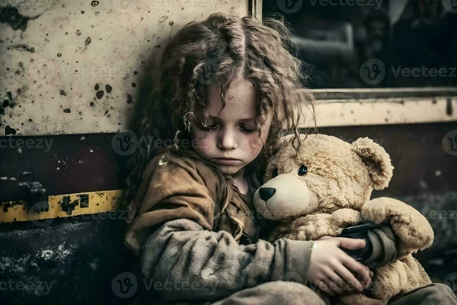 Little girl with a teddy bear during the war. Evacuation children. Neural network AI generated photo