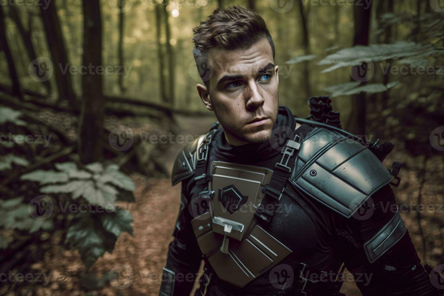 Futuristic soldier on a mission in the jungle. Neural network AI generated photo