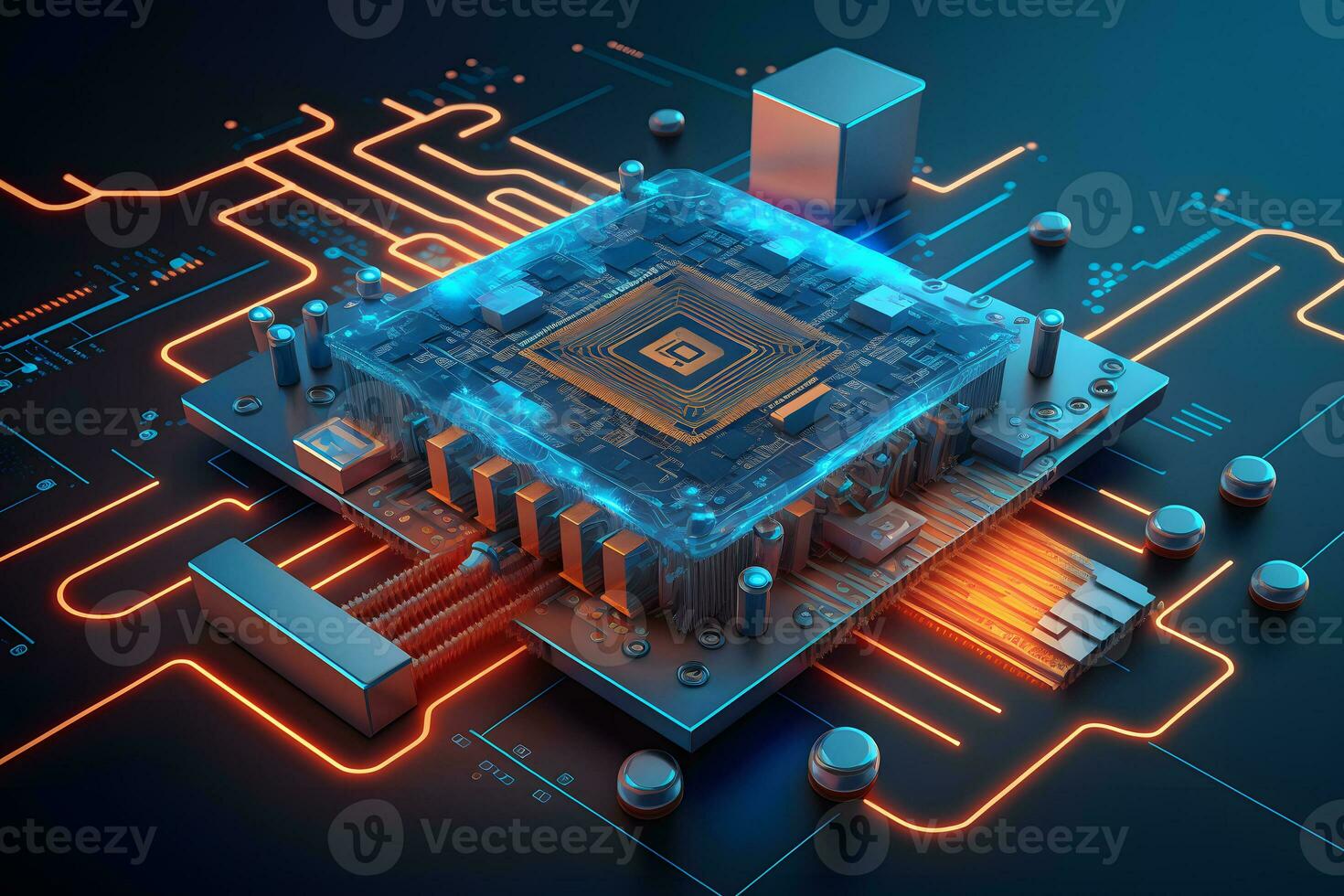 A board with chips and a gaming graphics card processor. Progressive cooling system for the video chip, processor and memory. Computer Details. Neural network AI generated photo
