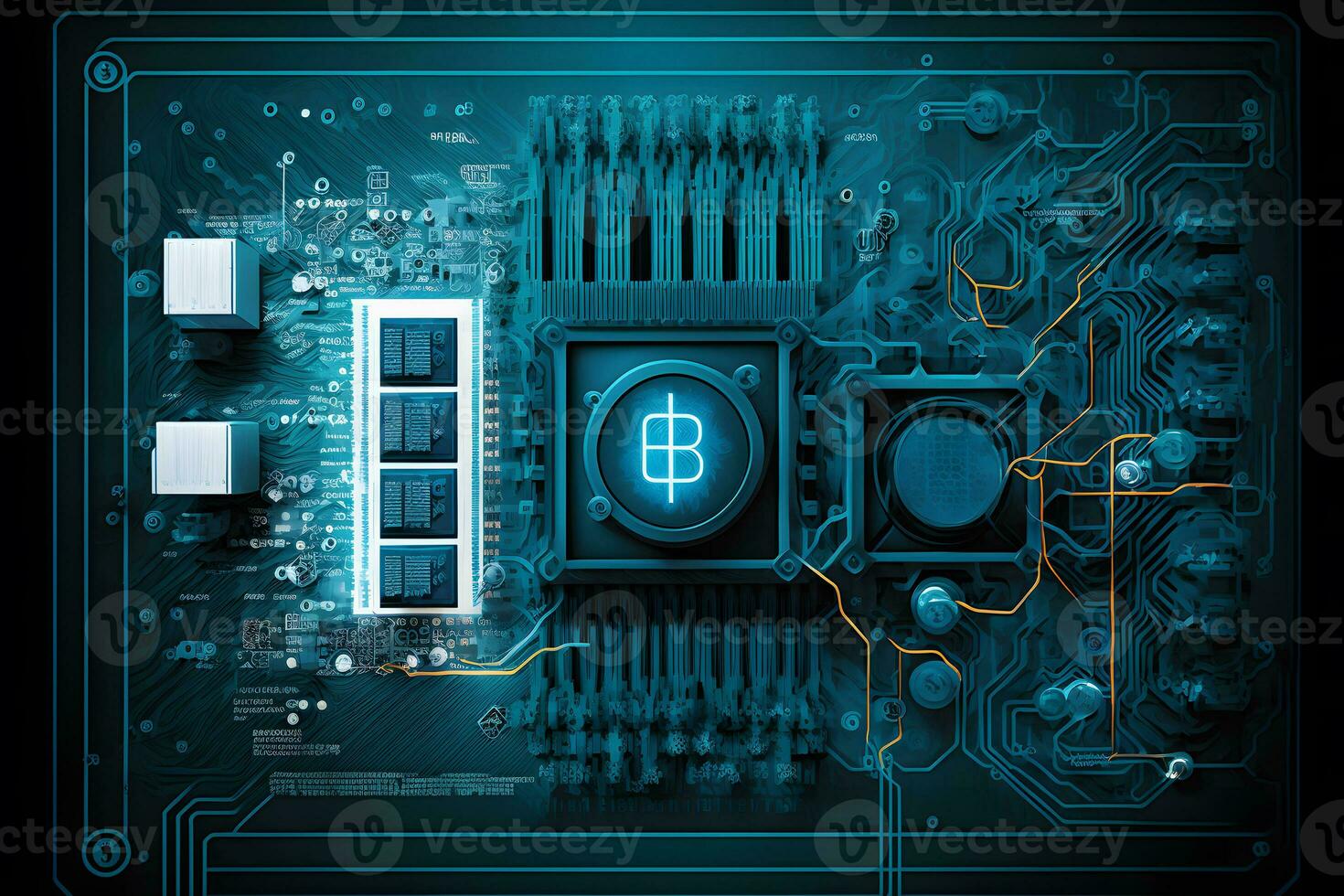 A board with chips and a gaming graphics card processor. Progressive cooling system for the video chip, processor and memory. Computer Details. Neural network AI generated photo