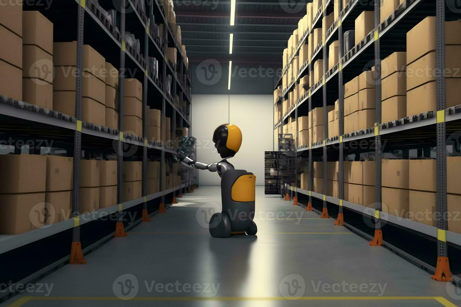 Innovative industry robot working in warehouse for human labor replacement . Concept of artificial intelligence for industrial revolution. Neural network AI generated photo