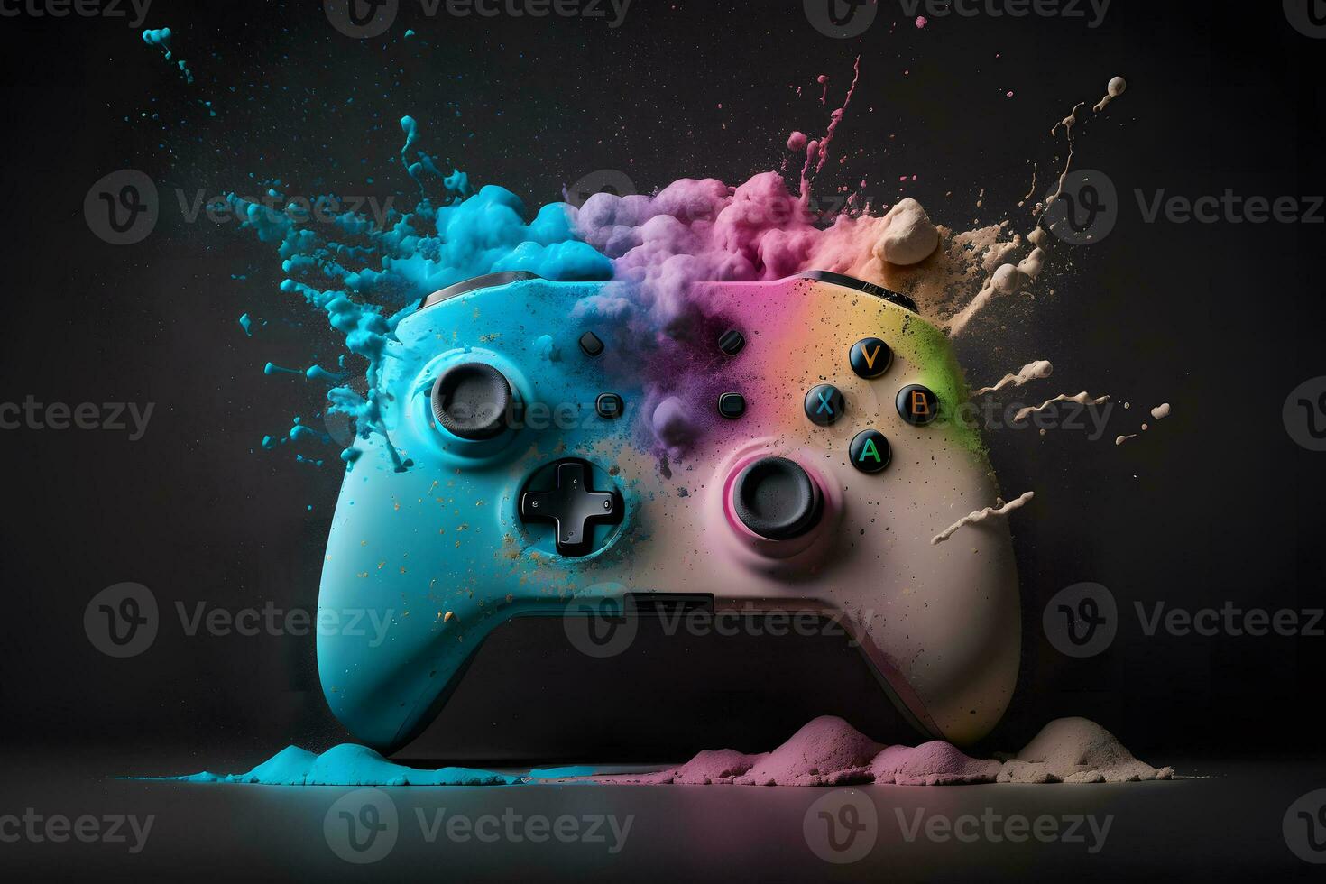 Game joystick on colorful splash background. Neural network AI generated photo