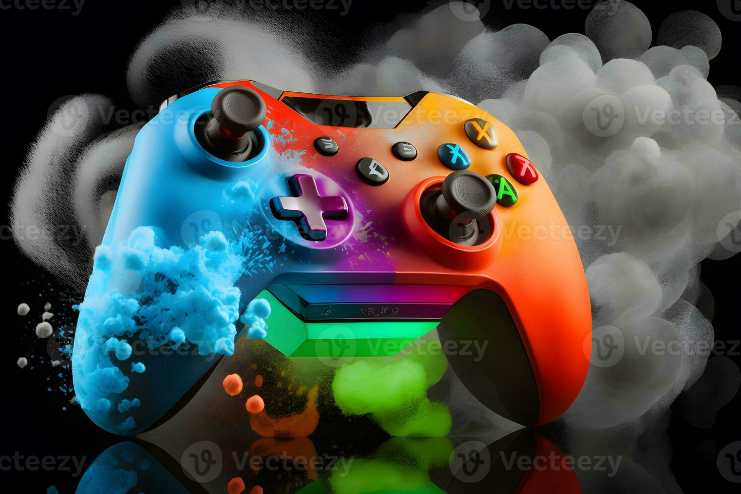 Game joystick on colorful splash background. Neural network AI generated photo