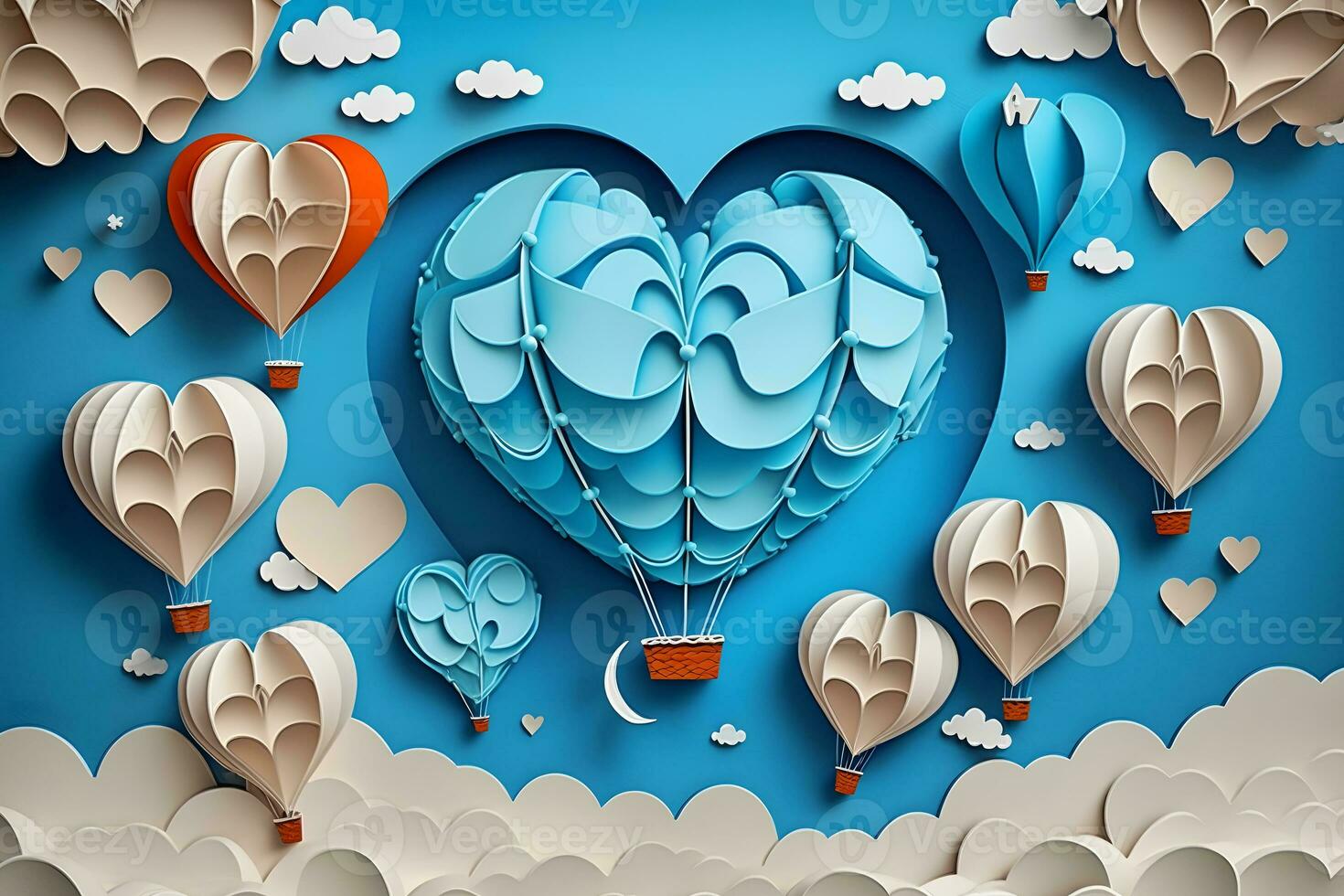 Hot air balloon, space elements shapes cut from paper. Creative concept for banner, landing, background designs. Neural network AI generated photo