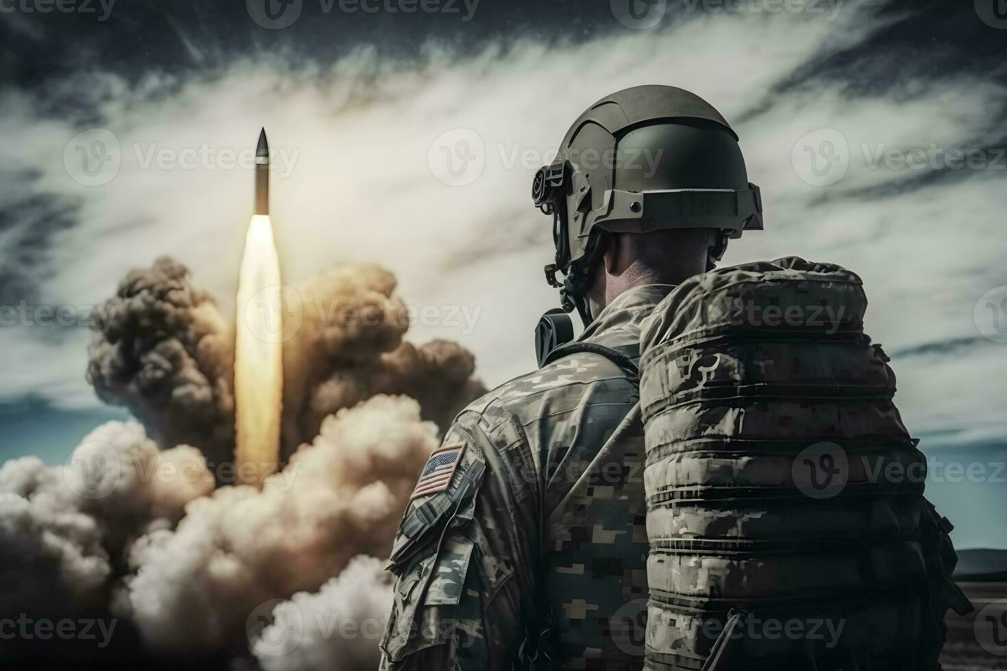 Soldier in front of a ballistic missile launch. Neural network AI generated photo