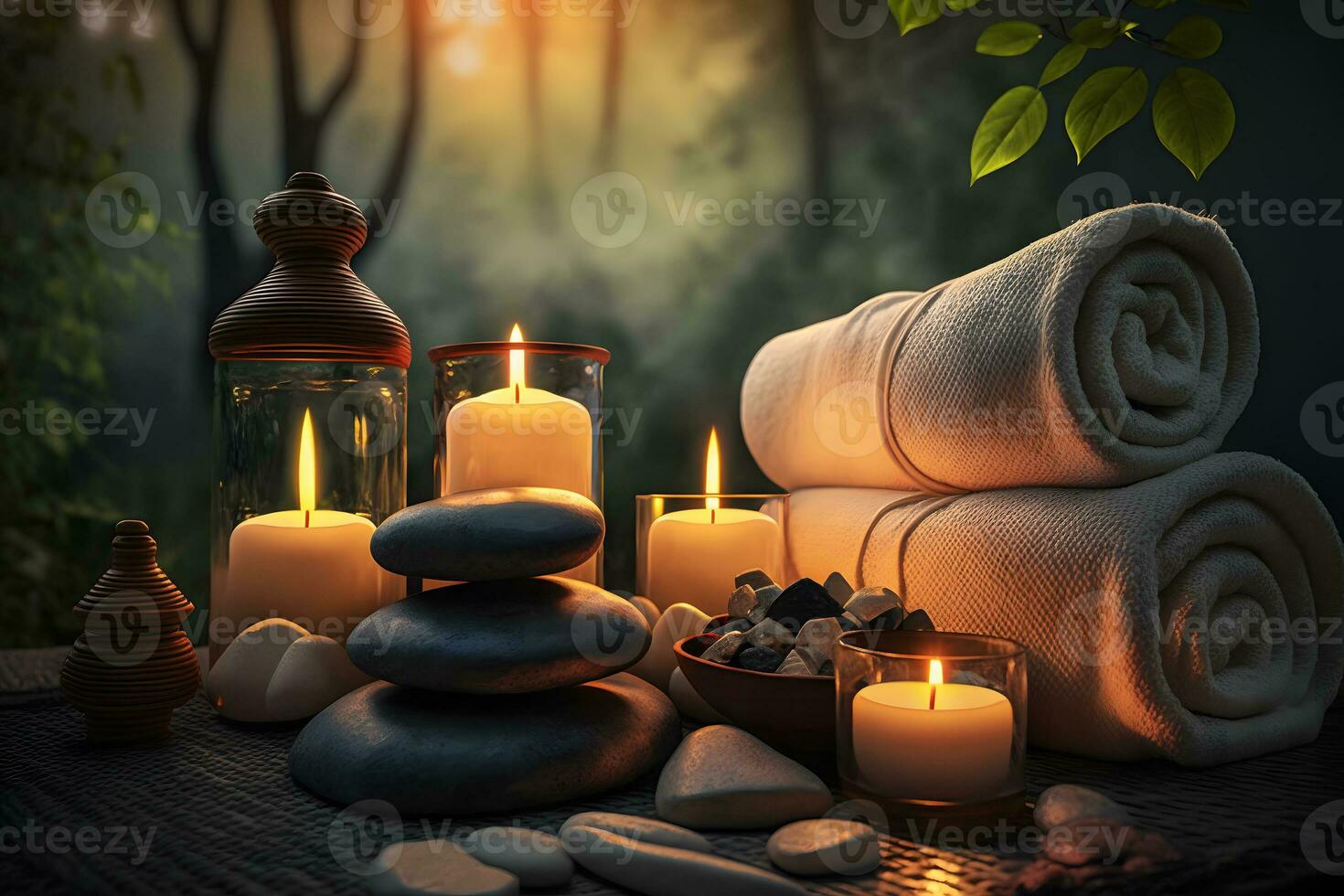 Natural Spa With Massage Stones Towels Candles And A Beautiful Backdrop AI  Generated 23140296 Stock Photo at Vecteezy