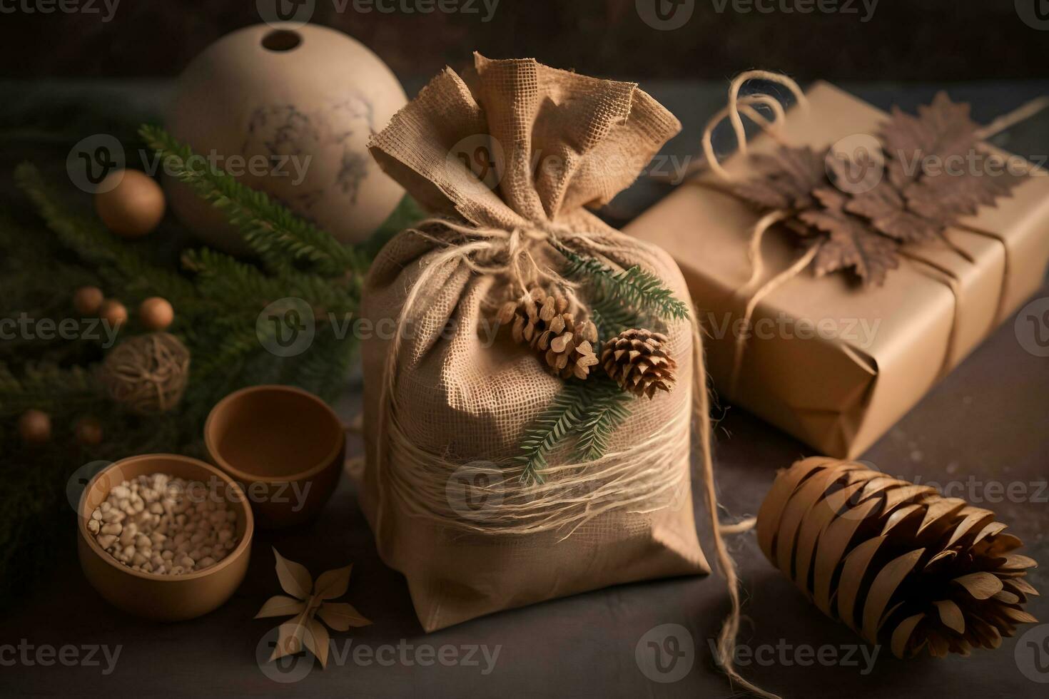 Christmas and New Year gift boxes and decorations, eco friendly trendy zero waste packaging. Neural network AI generated photo