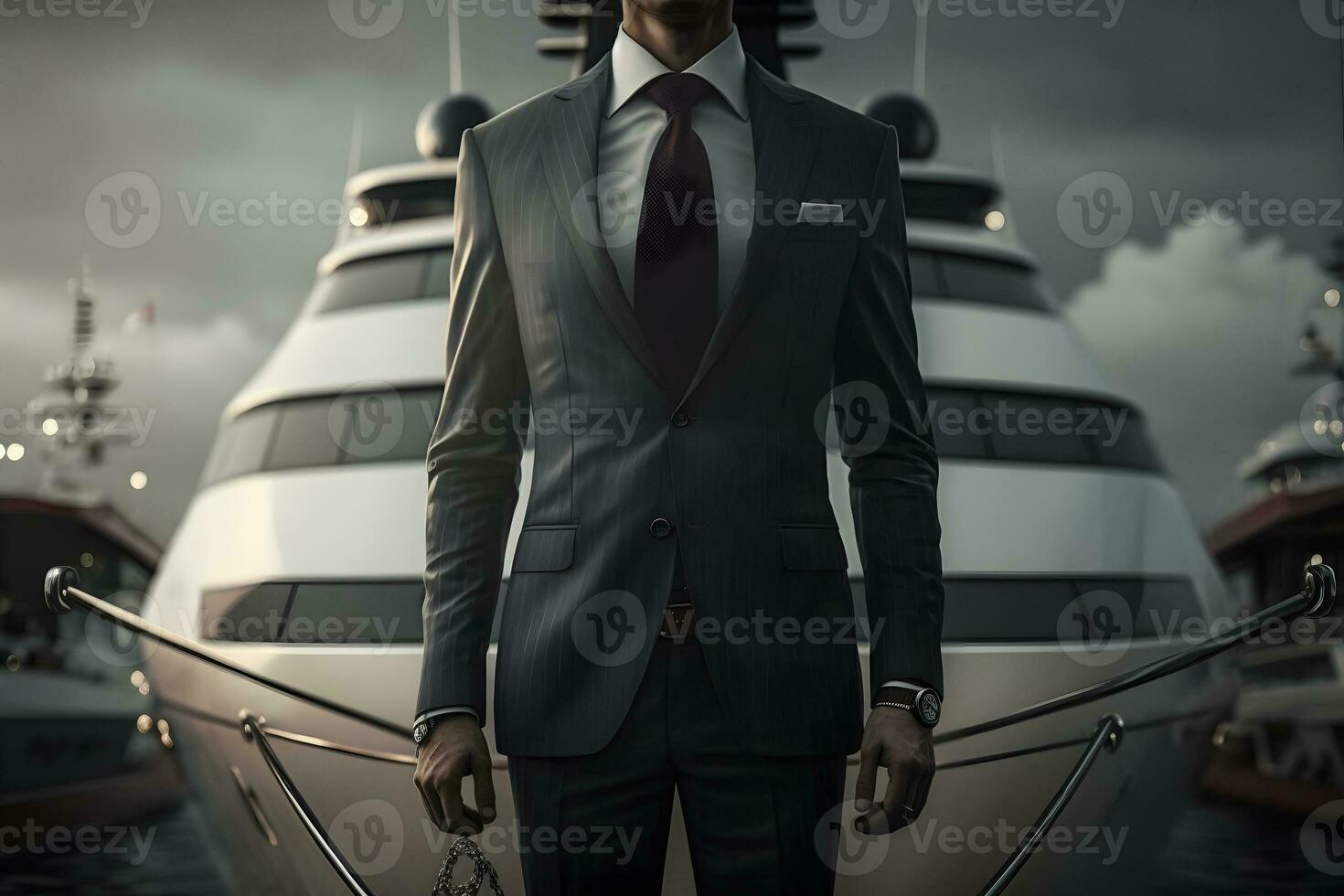 Confident successful businessman on the background of a private yacht. Neural network AI generated photo