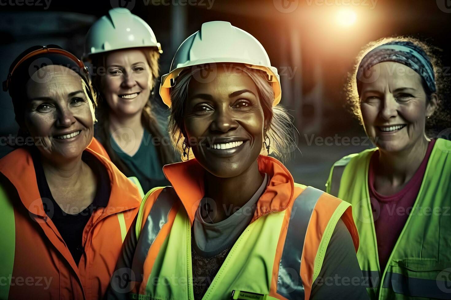 A team of female construction engineers. Female managers of different nationalities are working together. Neural network AI generated photo