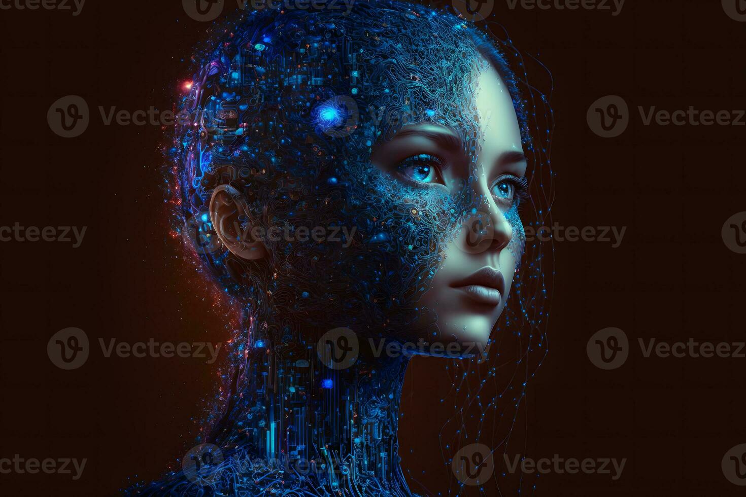Modern futuristic female humanoid robot portrait with technology details on face. Neural network generated art photo