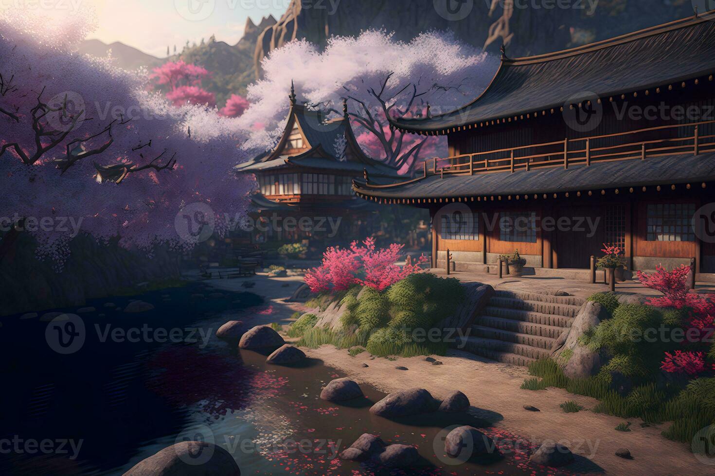 Oriental landscape with japanese traditional building close to river and cloudy mountains in time of sakura blossom. Neural network generated art photo