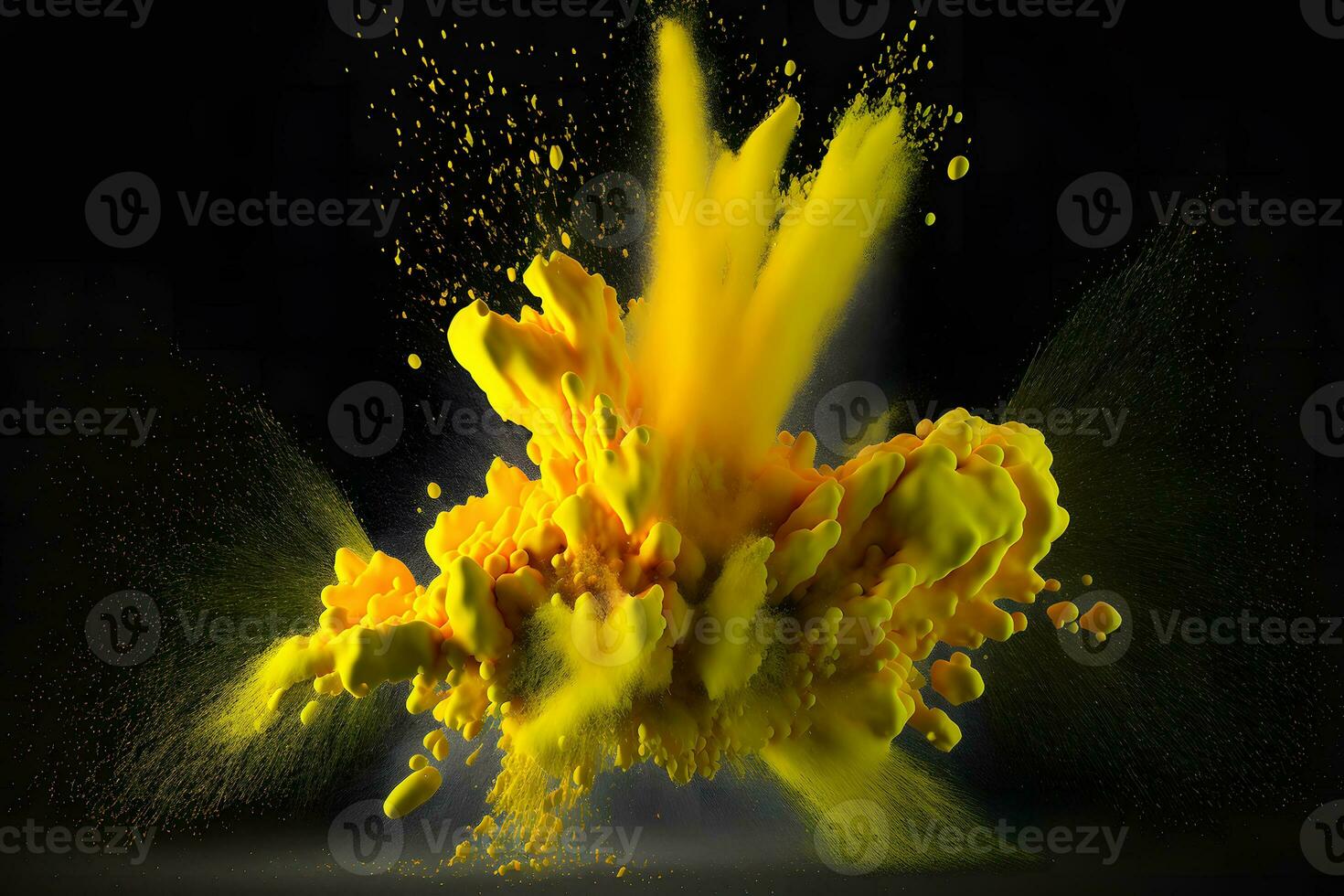 Explosion of yellow color paint powder on black background. Neural network generated art photo