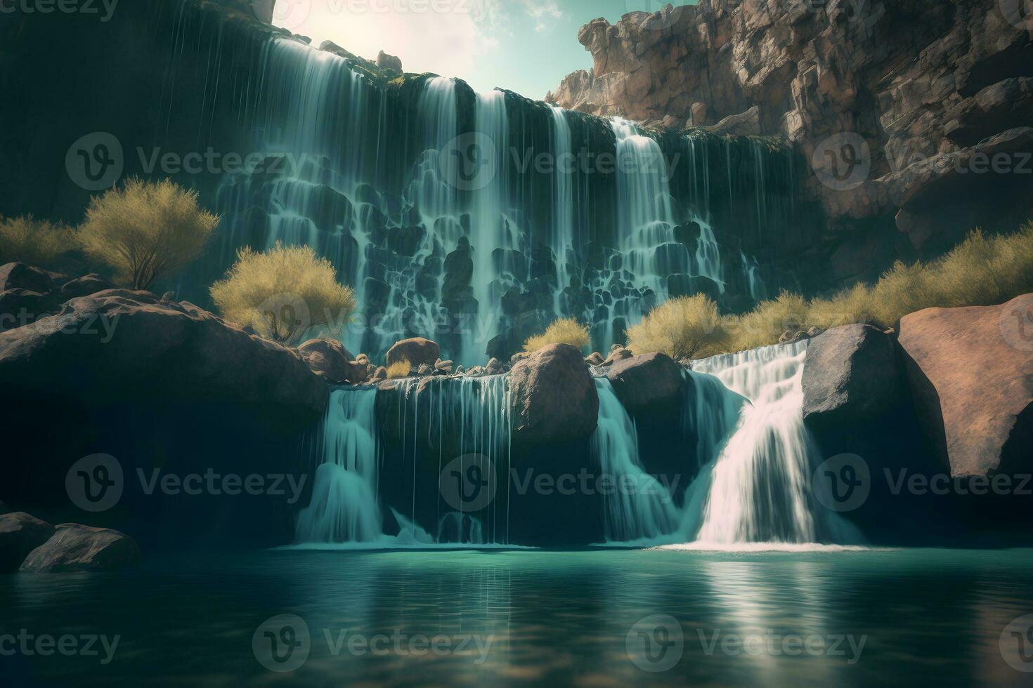 Beautiful landscape with big waterfall in sunny summertime. Neural network generated art photo