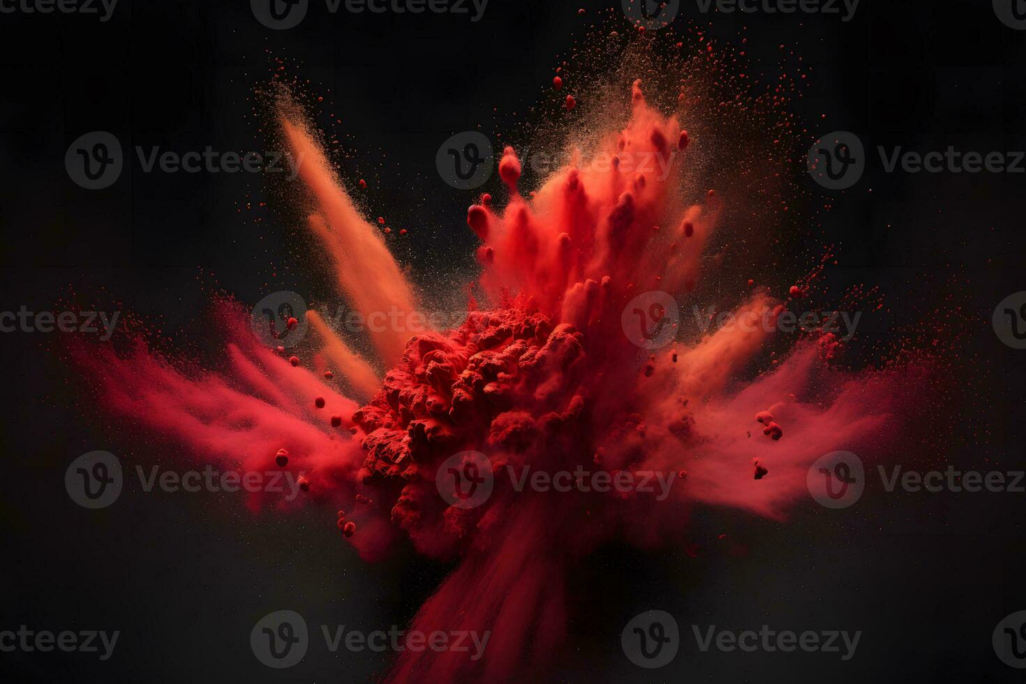 Explosion of red color paint powder on black background. Neural network generated art photo