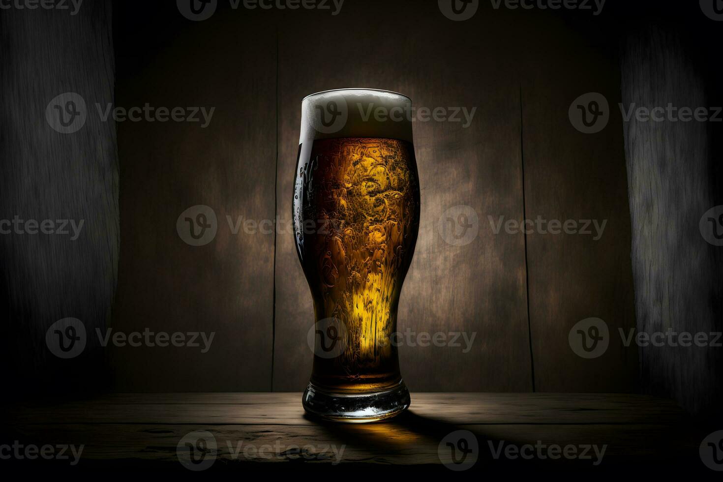 Beautiful beer with foam in classic beer glass in dark scene. Neural network generated art photo