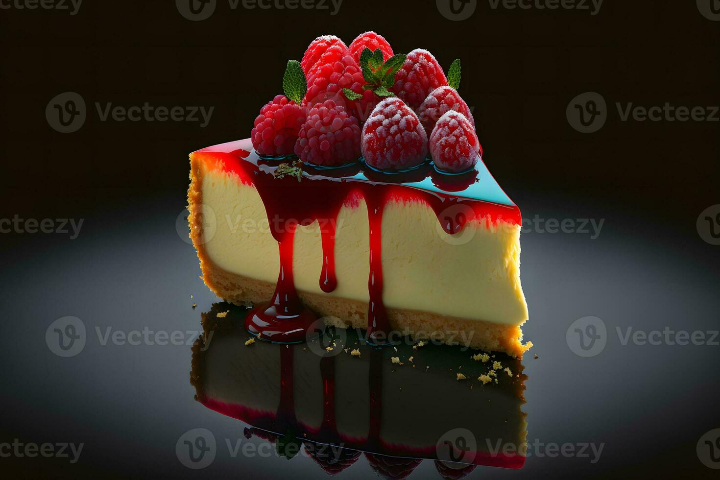 Piece of cheesecake with fresh raspberries and mint. Neural network generated art photo