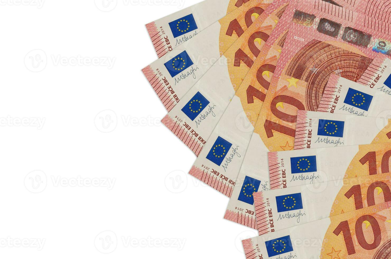 10 euro bills lies isolated on white background with copy space. Rich life conceptual background photo