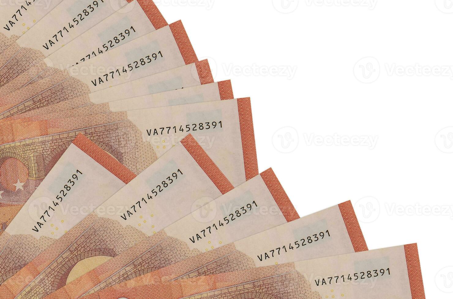 10 euro bills lies isolated on white background with copy space stacked in fan close up photo