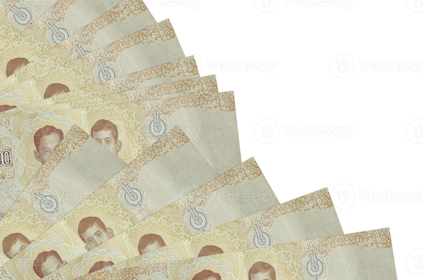 1000 Thai baht bills lies isolated on white background with copy space stacked in fan close up photo