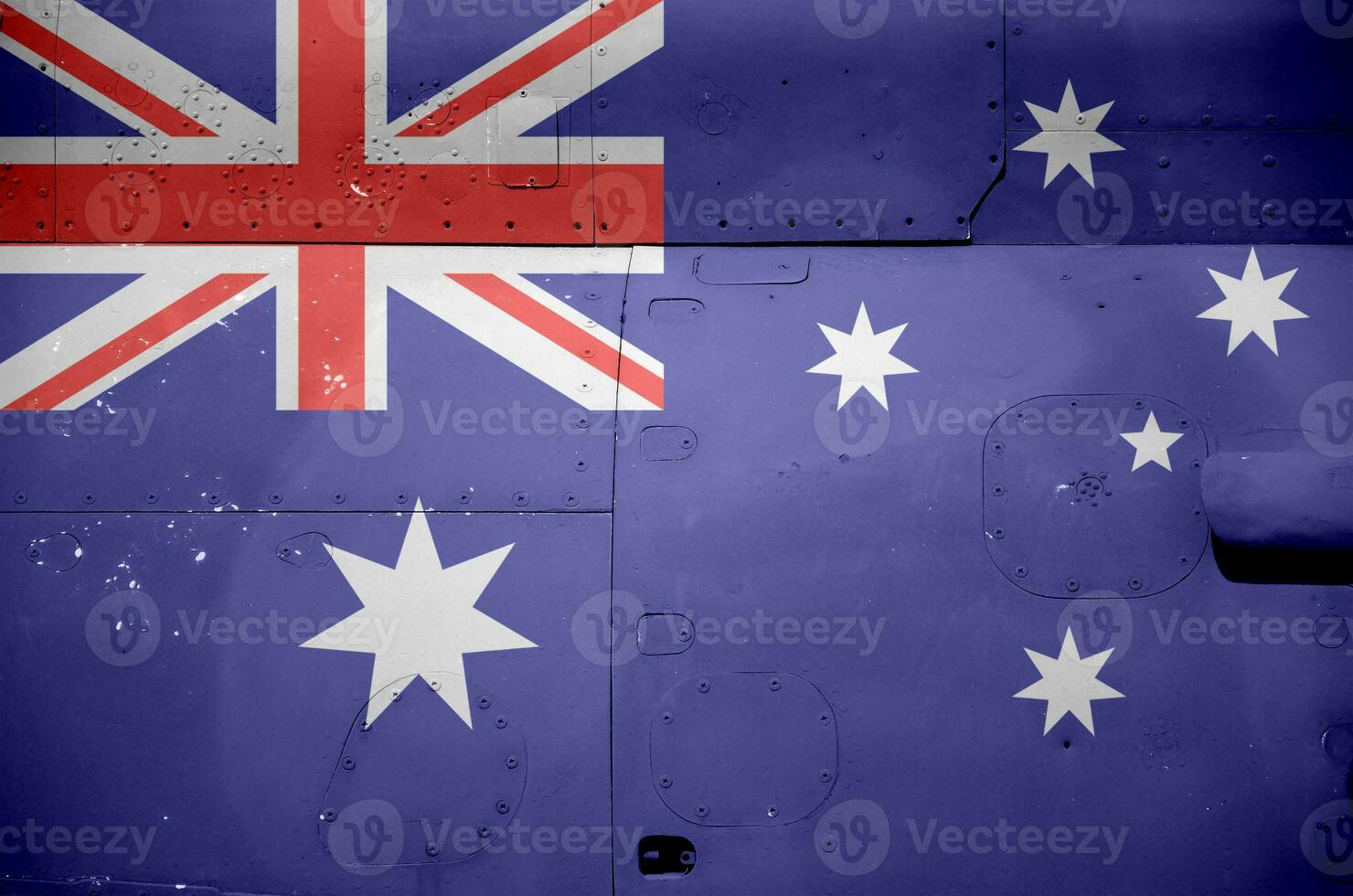 Australia flag depicted on side part of military armored helicopter closeup. Army forces aircraft conceptual background photo