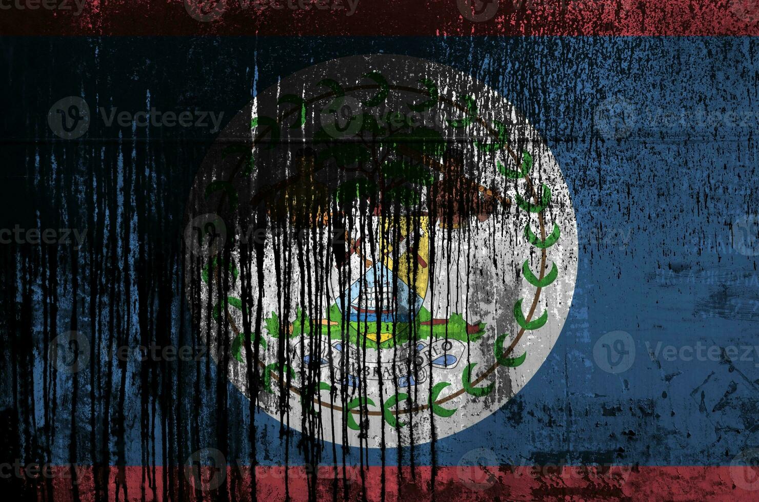 Belize flag depicted in paint colors on old and dirty oil barrel wall closeup. Textured banner on rough background photo