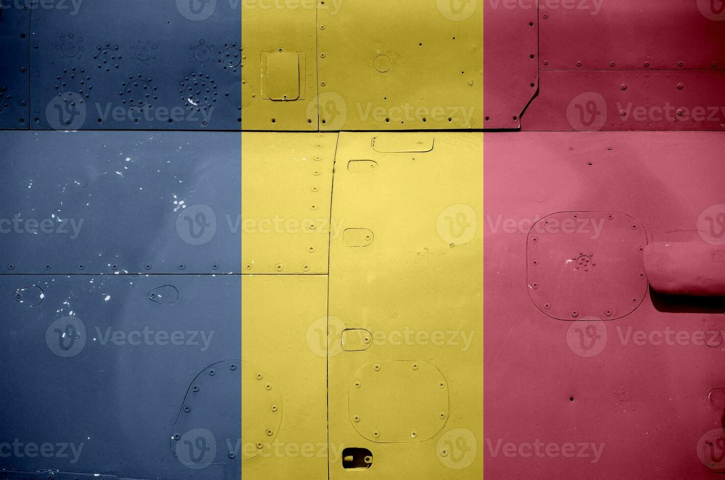 Chad flag depicted on side part of military armored helicopter closeup. Army forces aircraft conceptual background photo